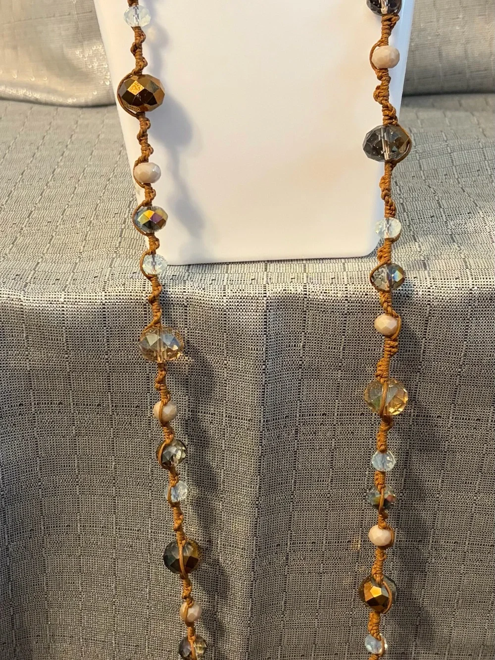 Crystal and Bead Long Necklace in Gold and Clear